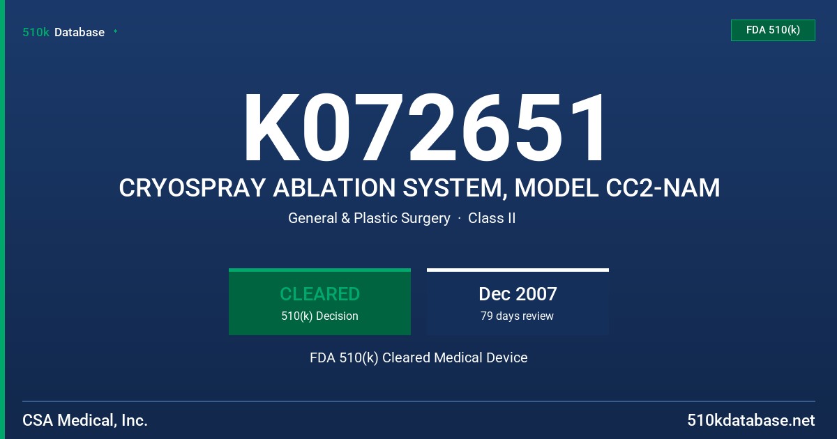 K072651 CRYOSPRAY ABLATION SYSTEM, MODEL CC2-NAM FDA 510(k) Cleared Medical Device