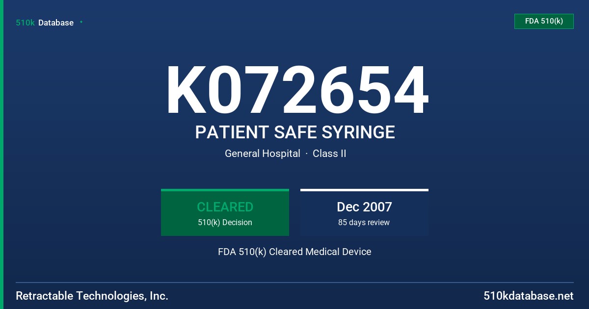 K072654 PATIENT SAFE SYRINGE FDA 510(k) Cleared Medical Device