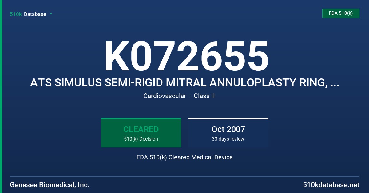K072655 ATS SIMULUS SEMI-RIGID MITRAL ANNULOPLASTY RING, MODEL 800SR FDA 510(k) Cleared Medical Device