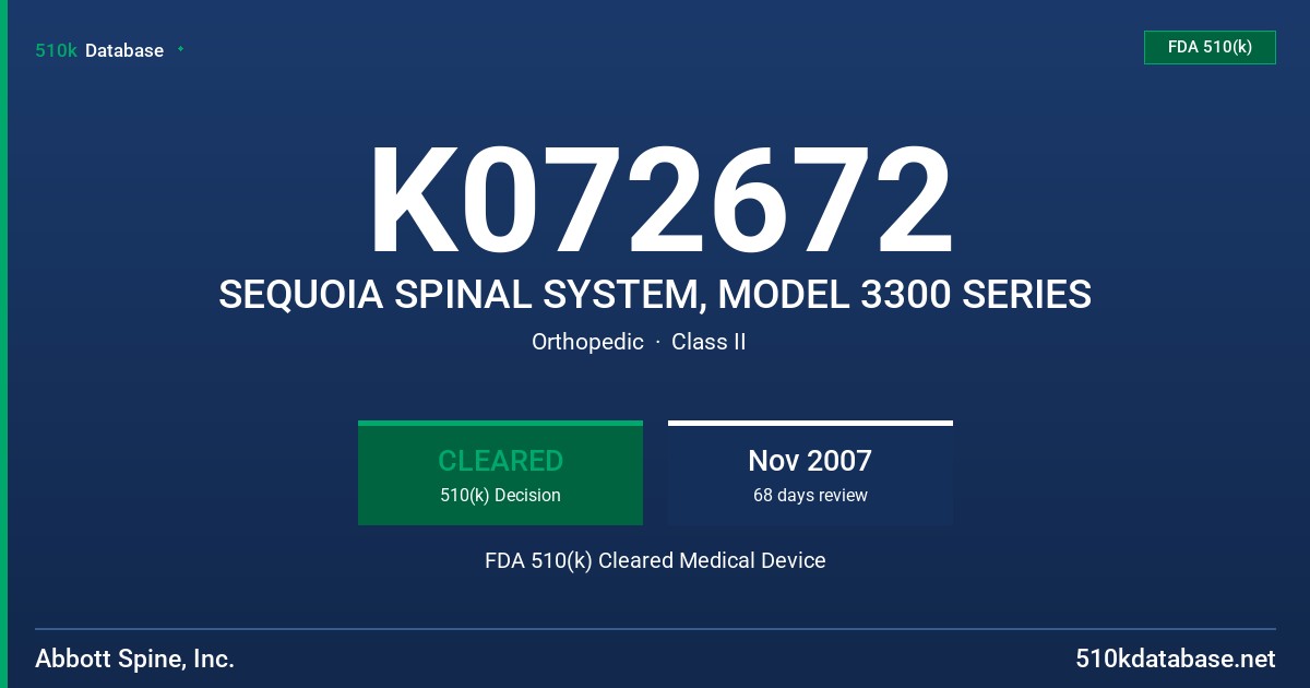 K072672 SEQUOIA SPINAL SYSTEM, MODEL 3300 SERIES FDA 510(k) Cleared Medical Device