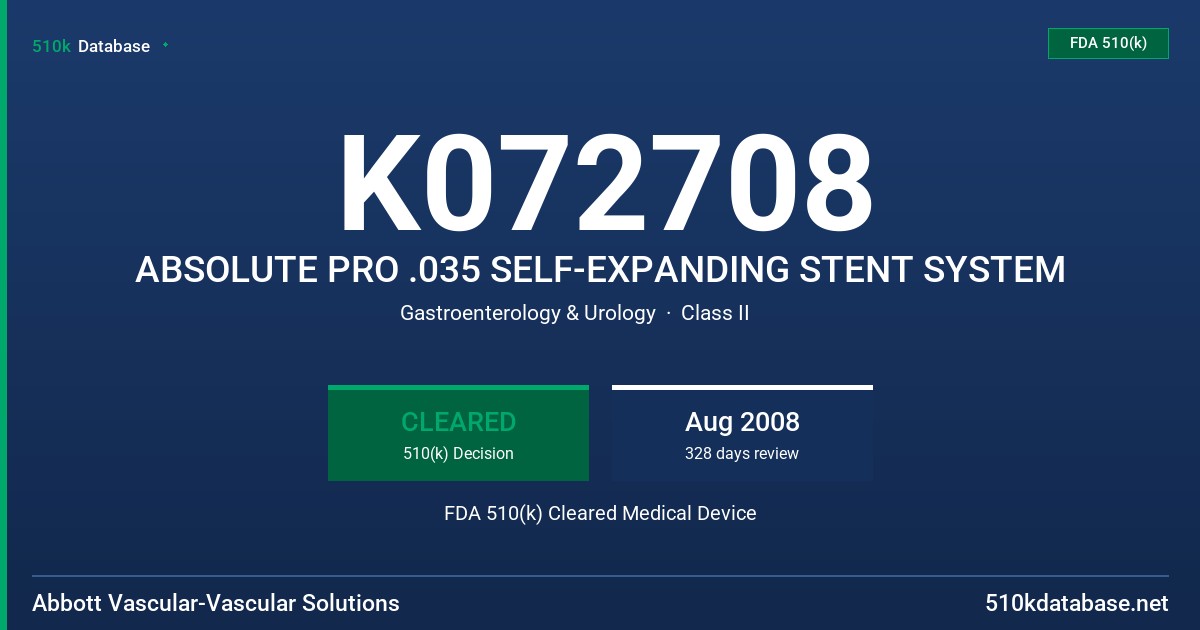 K072708 ABSOLUTE PRO .035 SELF-EXPANDING STENT SYSTEM FDA 510(k) Cleared Medical Device