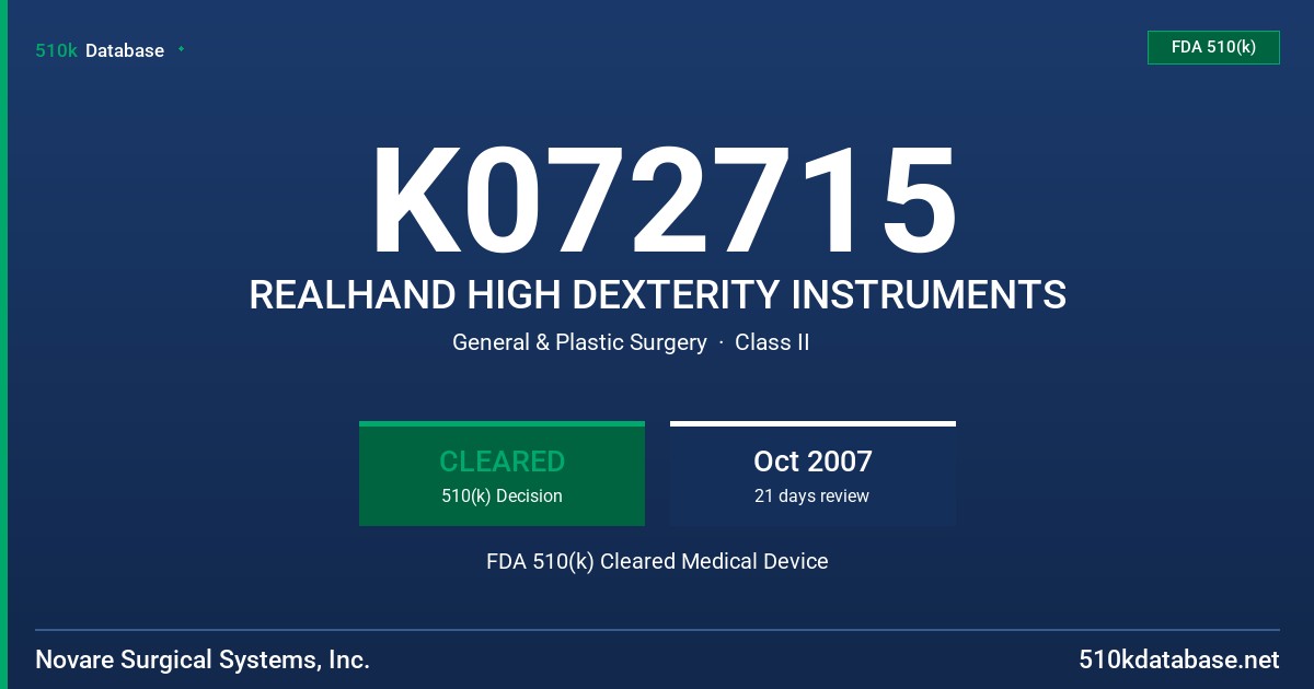 K072715 REALHAND HIGH DEXTERITY INSTRUMENTS FDA 510(k) Cleared Medical Device