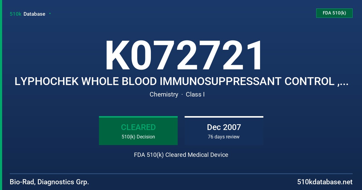 K072721 LYPHOCHEK WHOLE BLOOD IMMUNOSUPPRESSANT CONTROL , ABBOTT IMMUNOSUPPRESSANT MCC FDA 510(k) Cleared Medical Device