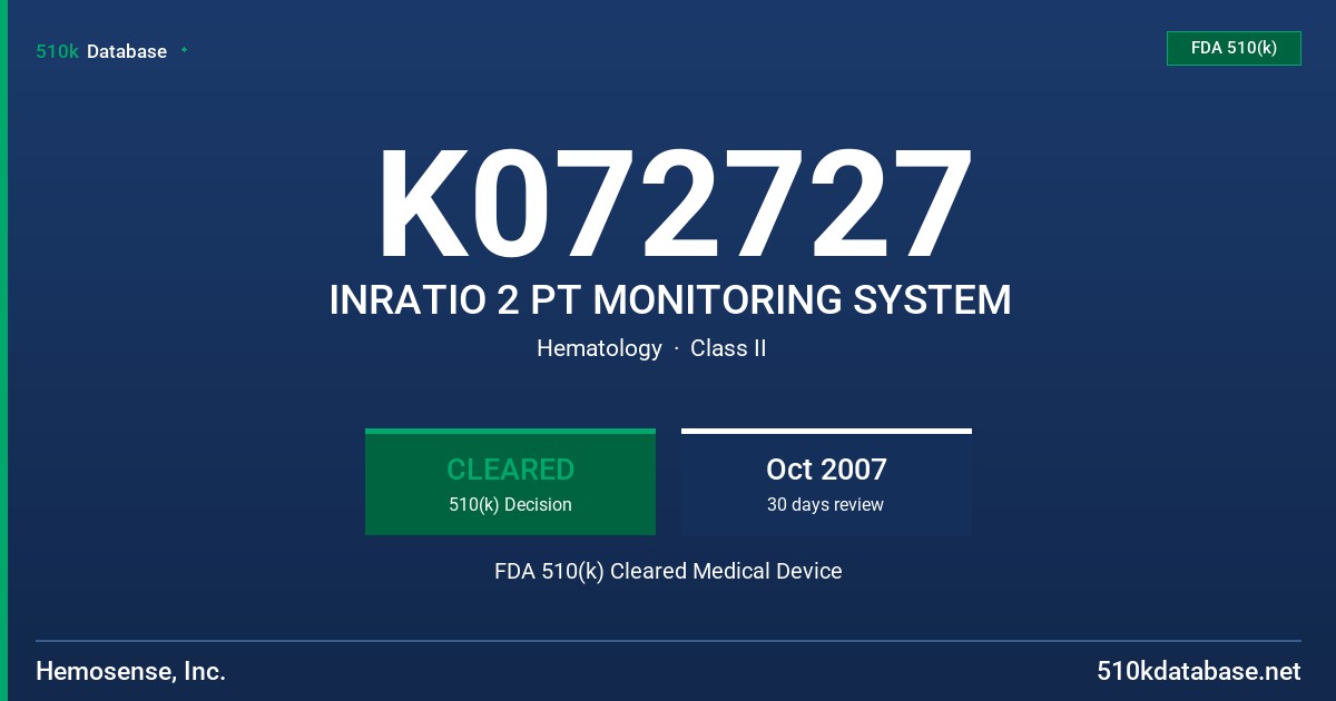 K072727 INRATIO 2 PT MONITORING SYSTEM FDA 510(k) Cleared Medical Device