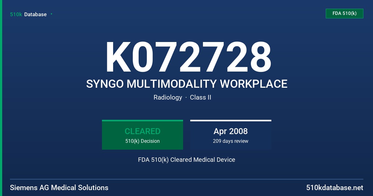K072728 SYNGO MULTIMODALITY WORKPLACE FDA 510(k) Cleared Medical Device