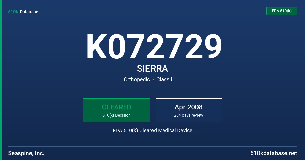 K072729 SIERRA FDA 510(k) Cleared Medical Device