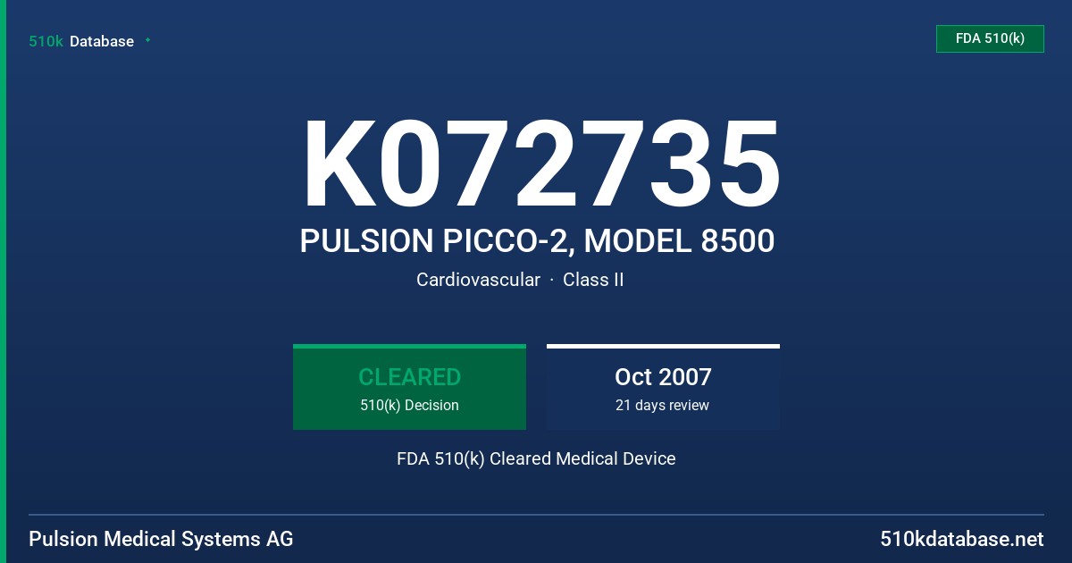 K072735 PULSION PICCO-2, MODEL 8500 FDA 510(k) Cleared Medical Device