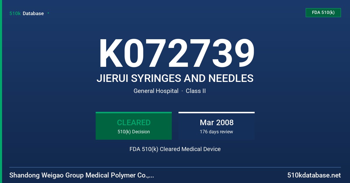 K072739 JIERUI SYRINGES AND NEEDLES FDA 510(k) Cleared Medical Device