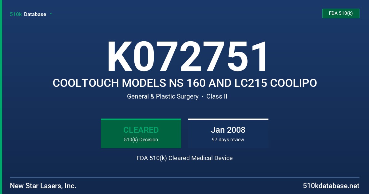 K072751 COOLTOUCH MODELS NS 160 AND LC215 COOLIPO FDA 510(k) Cleared Medical Device