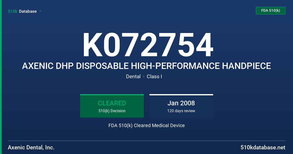 K072754 AXENIC DHP DISPOSABLE HIGH-PERFORMANCE HANDPIECE FDA 510(k) Cleared Medical Device