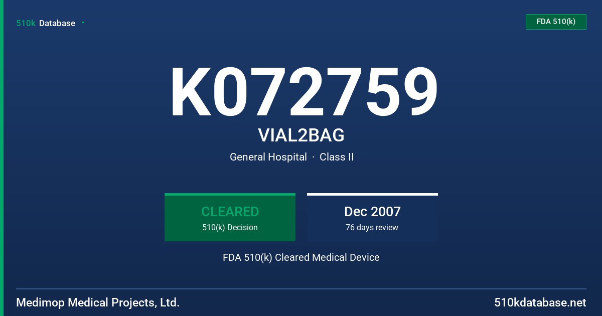 K072759 VIAL2BAG FDA 510(k) Cleared Medical Device