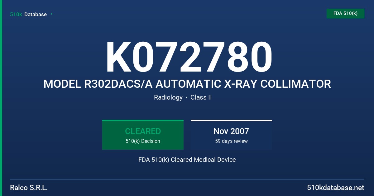 K072780 MODEL R302DACS/A AUTOMATIC X-RAY COLLIMATOR FDA 510(k) Cleared Medical Device