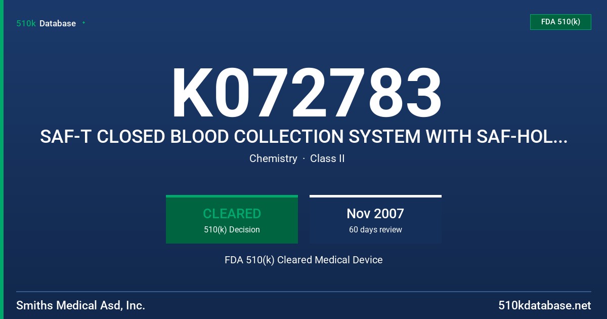 K072783 SAF-T CLOSED BLOOD COLLECTION SYSTEM WITH SAF-HOLDER DEVICE, MODEL 99200, SAF-T CLOSED BLOOD COLLECTION SYSTEM WITH FDA 510(k) Cleared Medical Device
