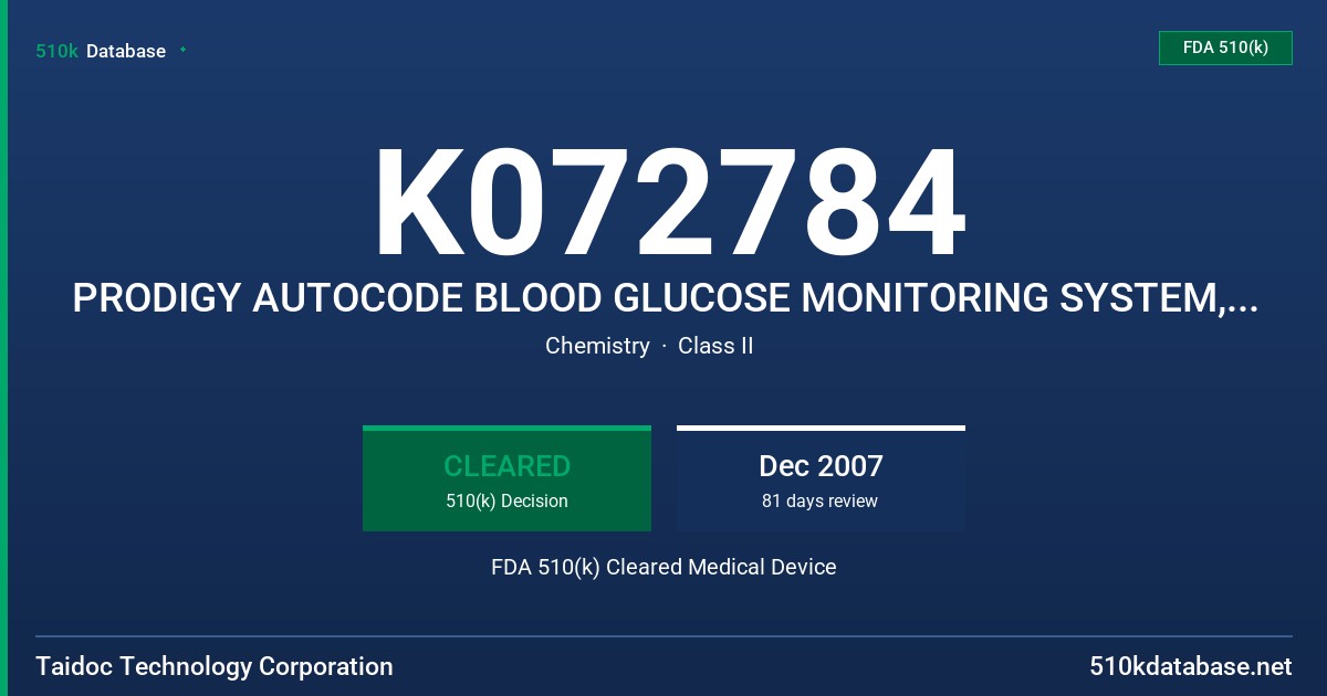 K072784 PRODIGY AUTOCODE BLOOD GLUCOSE MONITORING SYSTEM, MODEL TD-4227, CLEVER CHEK TD-4227 BLOOD GLUCOSE MONITORING SYSTEM FDA 510(k) Cleared Medical Device