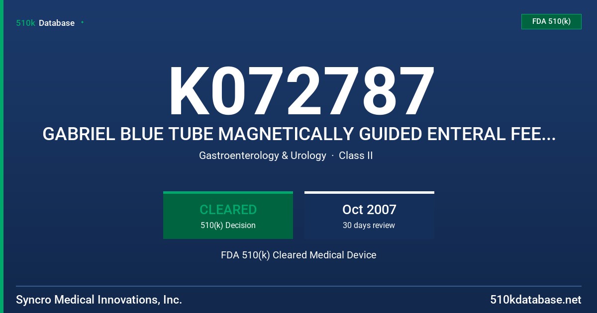 K072787 GABRIEL BLUE TUBE MAGNETICALLY GUIDED ENTERAL FEEDING TUBE, MODEL GFT-111 FDA 510(k) Cleared Medical Device