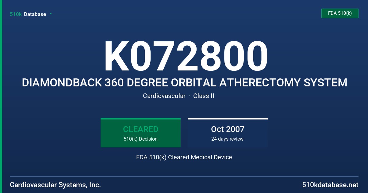 K072800 DIAMONDBACK 360 DEGREE ORBITAL ATHERECTOMY SYSTEM FDA 510(k) Cleared Medical Device