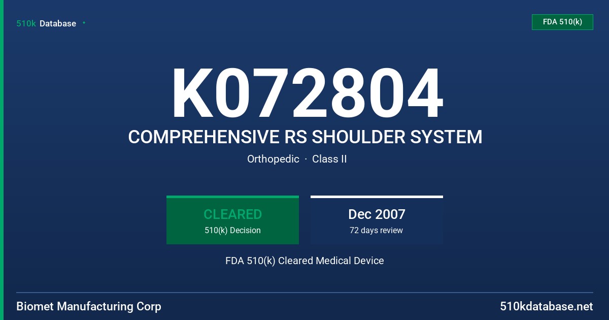 K072804 COMPREHENSIVE RS SHOULDER SYSTEM FDA 510(k) Cleared Medical Device