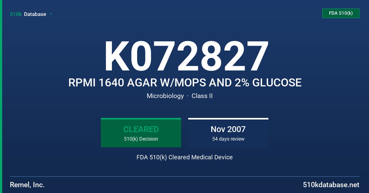 K072827 RPMI 1640 AGAR W/MOPS AND 2% GLUCOSE FDA 510(k) Cleared Medical Device