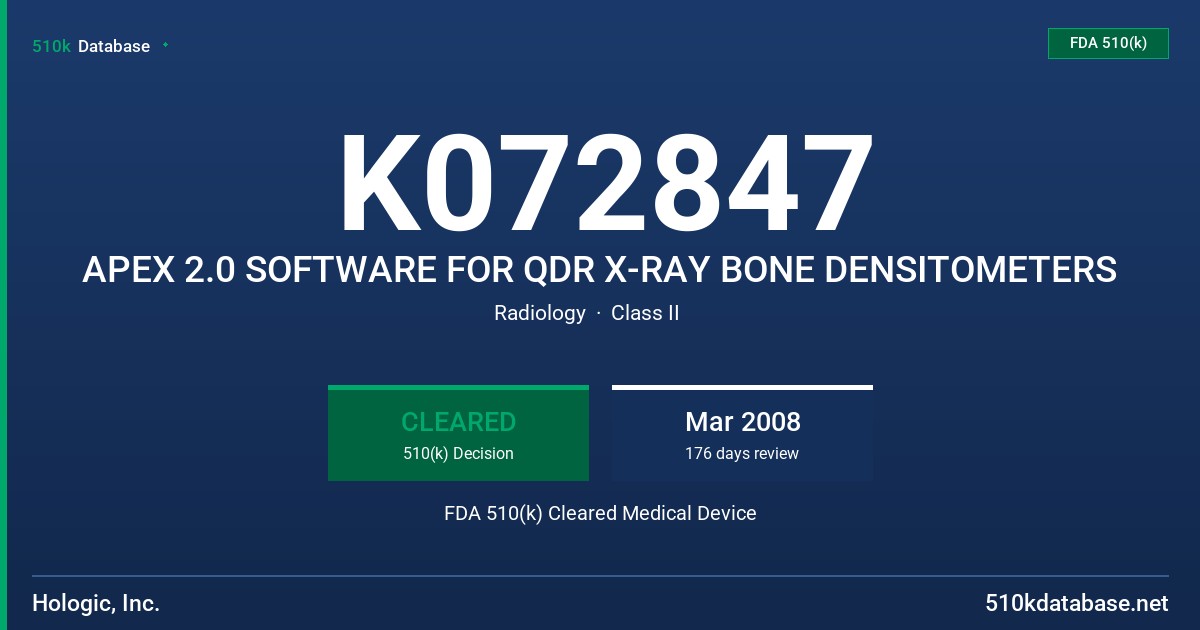 K072847 APEX 2.0 SOFTWARE FOR QDR X-RAY BONE DENSITOMETERS FDA 510(k) Cleared Medical Device
