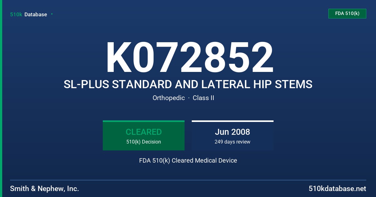 K072852 SL-PLUS STANDARD AND LATERAL HIP STEMS FDA 510(k) Cleared Medical Device