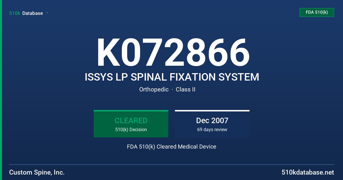 K072866 ISSYS LP SPINAL FIXATION SYSTEM FDA 510(k) Cleared Medical Device