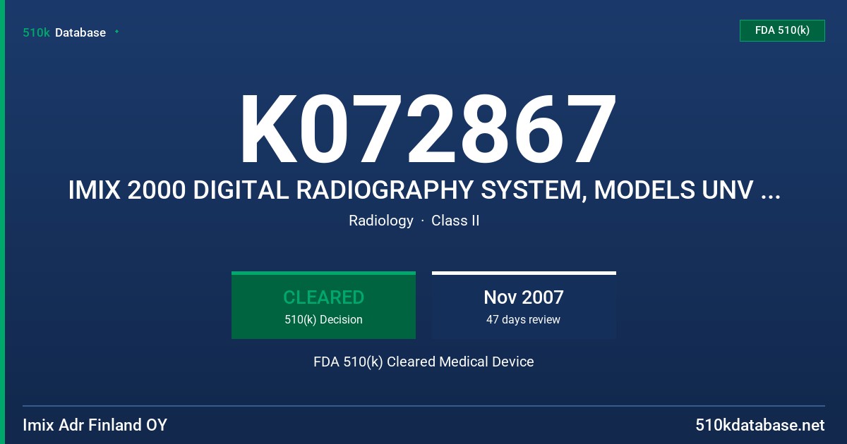 K072867 IMIX 2000 DIGITAL RADIOGRAPHY SYSTEM, MODELS UNV 3K, UNV 3KW, UNV 4K FDA 510(k) Cleared Medical Device