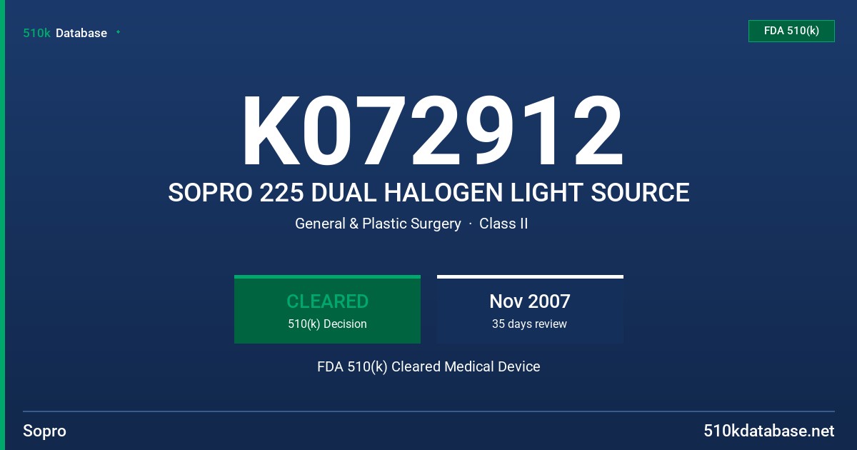 K072912 SOPRO 225 DUAL HALOGEN LIGHT SOURCE FDA 510(k) Cleared Medical Device
