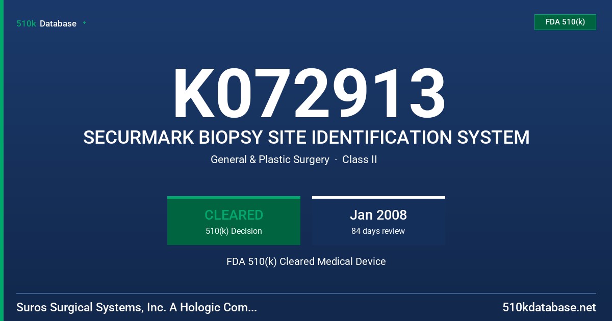 K072913 SECURMARK BIOPSY SITE IDENTIFICATION SYSTEM FDA 510(k) Cleared Medical Device