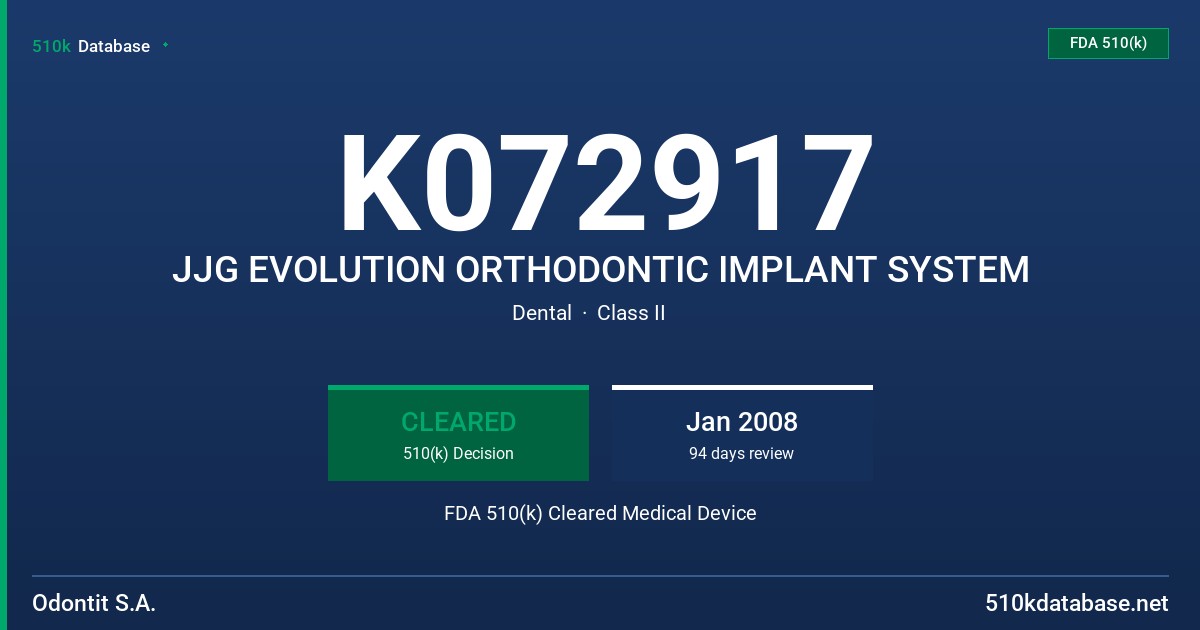 K072917 JJG EVOLUTION ORTHODONTIC IMPLANT SYSTEM FDA 510(k) Cleared Medical Device