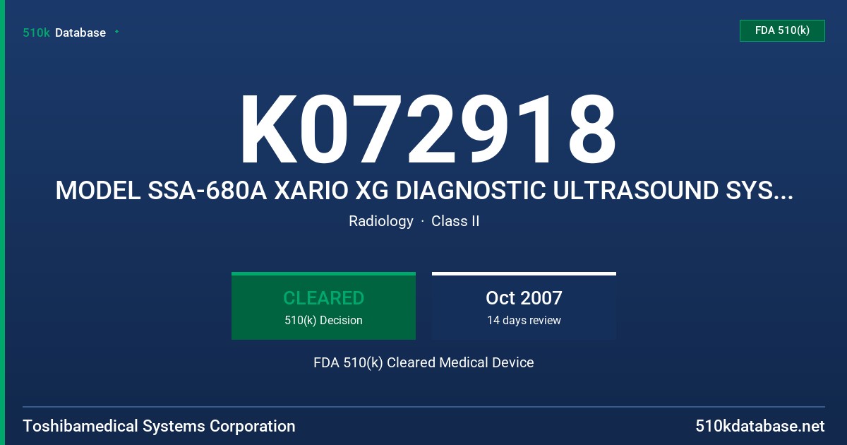K072918 MODEL SSA-680A XARIO XG DIAGNOSTIC ULTRASOUND SYSTEM, VERSION 1.00 FDA 510(k) Cleared Medical Device