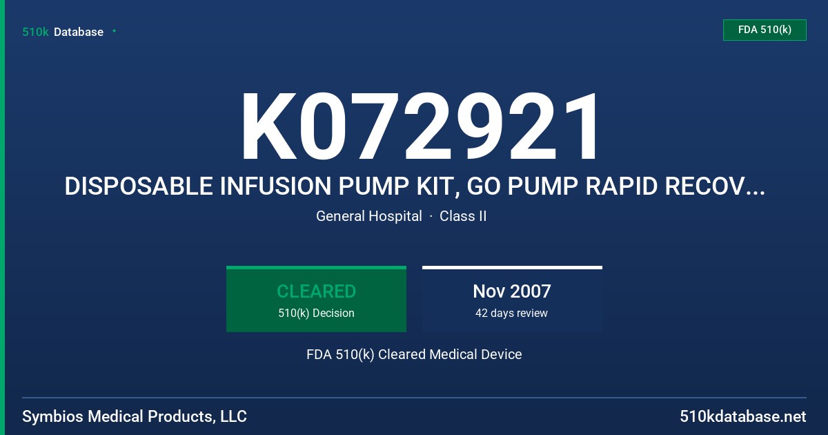 K072921 DISPOSABLE INFUSION PUMP KIT, GO PUMP RAPID RECOVERY SYSTEM FDA 510(k) Cleared Medical Device