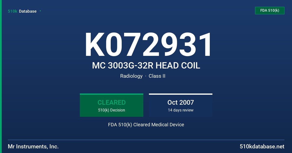 K072931 MC 3003G-32R HEAD COIL FDA 510(k) Cleared Medical Device