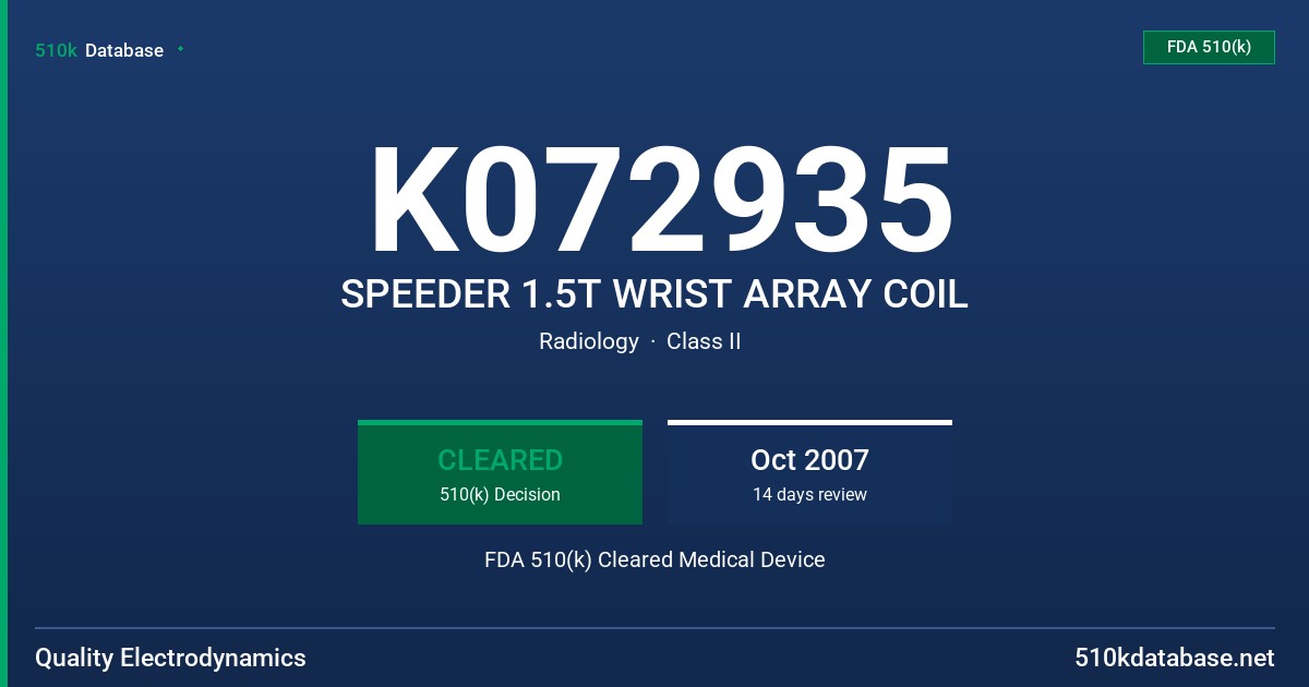 K072935 SPEEDER 1.5T WRIST ARRAY COIL FDA 510(k) Cleared Medical Device