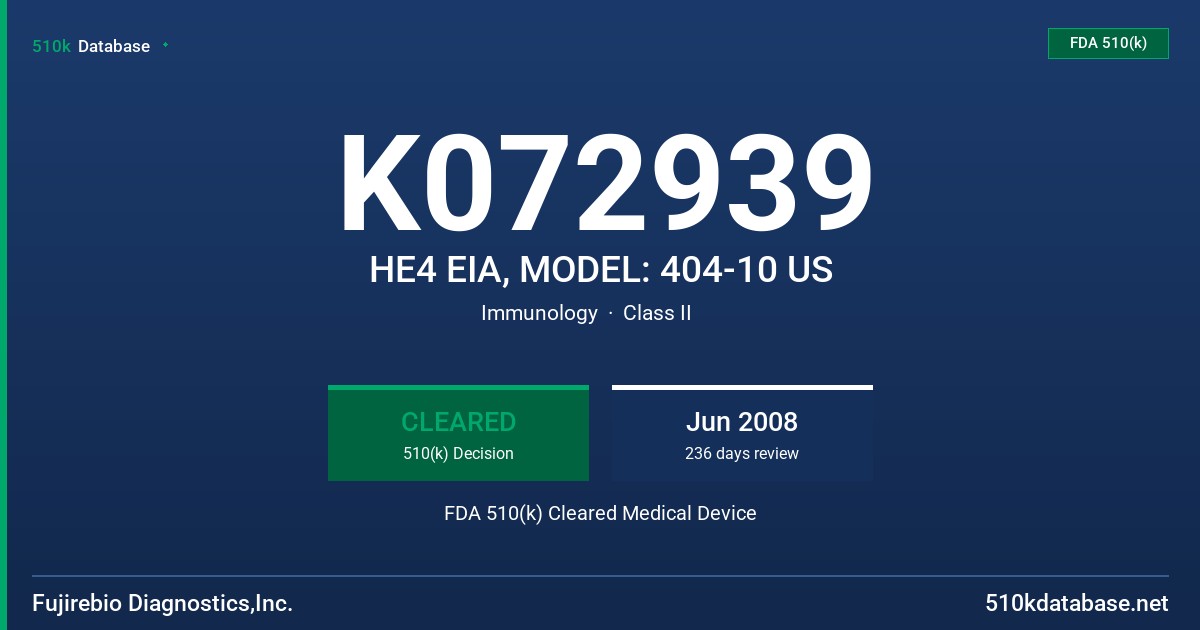 K072939 HE4 EIA, MODEL: 404-10 US FDA 510(k) Cleared Medical Device
