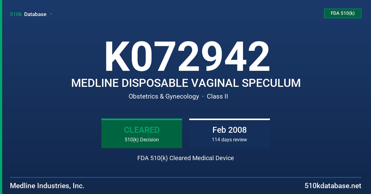 K072942 MEDLINE DISPOSABLE VAGINAL SPECULUM FDA 510(k) Cleared Medical Device