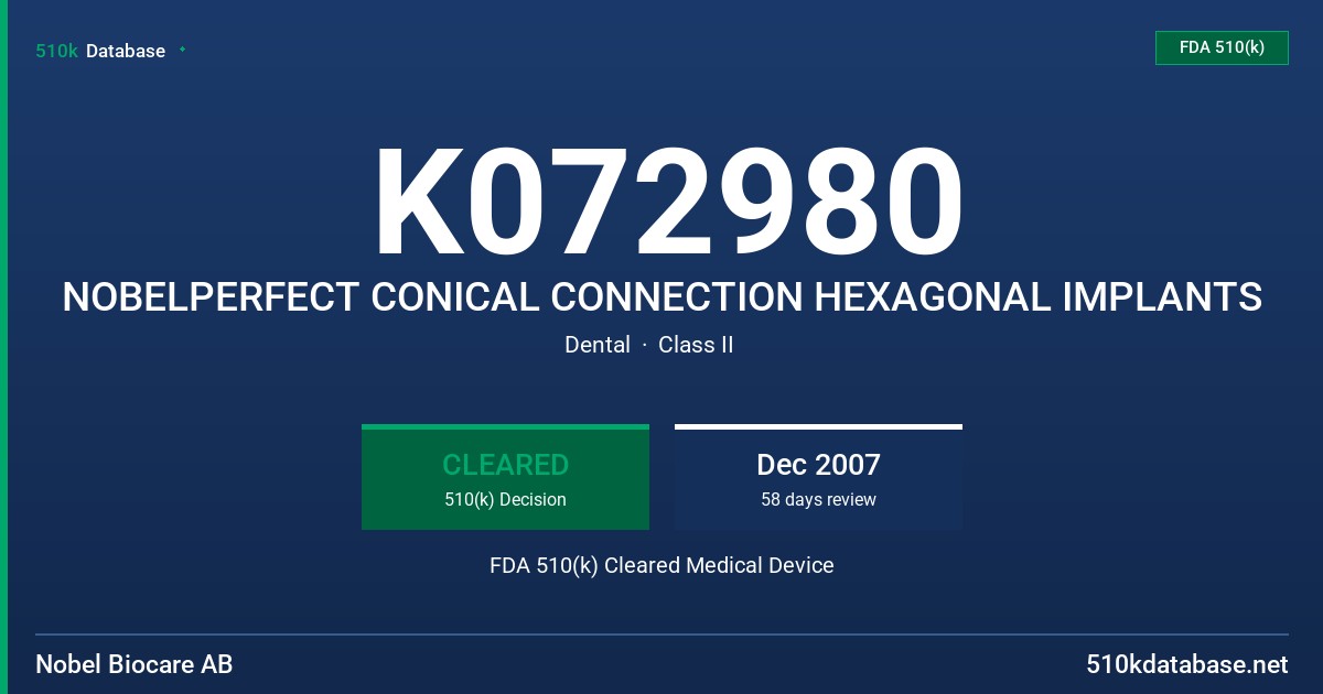 K072980 NOBELPERFECT CONICAL CONNECTION HEXAGONAL IMPLANTS FDA 510(k) Cleared Medical Device