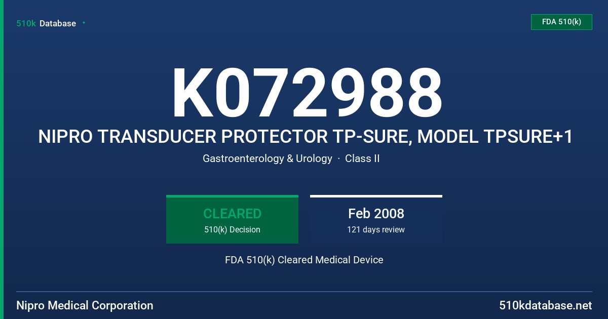 K072988 NIPRO TRANSDUCER PROTECTOR TP-SURE, MODEL TPSURE+1 FDA 510(k) Cleared Medical Device
