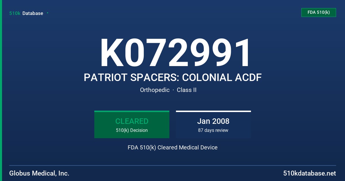 K072991 PATRIOT SPACERS: COLONIAL ACDF FDA 510(k) Cleared Medical Device