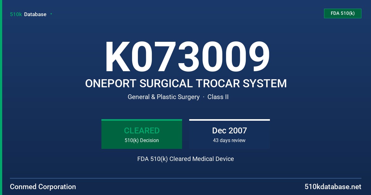 K073009 ONEPORT SURGICAL TROCAR SYSTEM FDA 510(k) Cleared Medical Device
