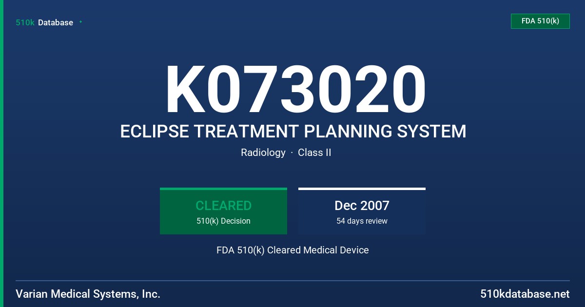 K073020 ECLIPSE TREATMENT PLANNING SYSTEM FDA 510(k) Cleared Medical Device