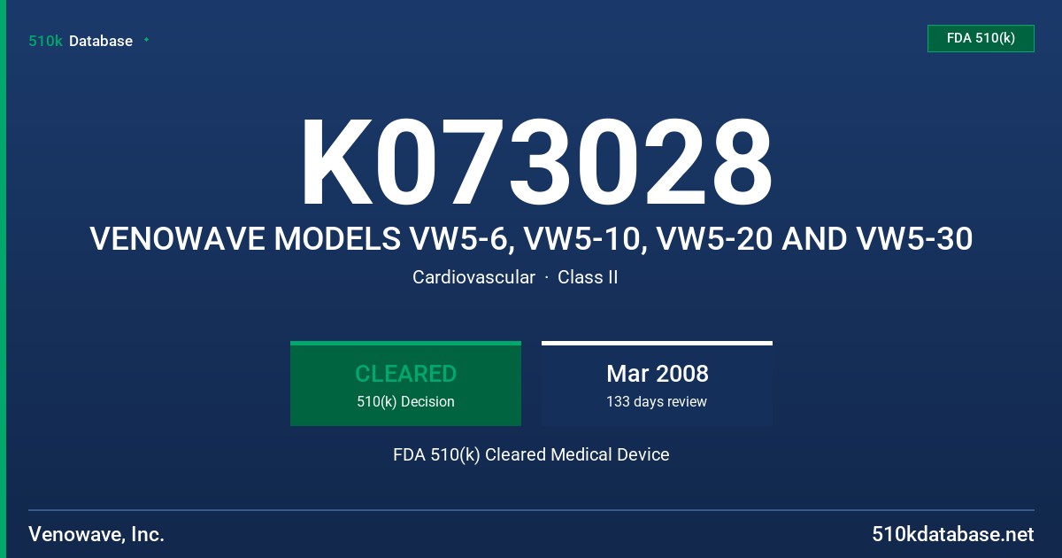 K073028 VENOWAVE MODELS VW5-6, VW5-10, VW5-20 AND VW5-30 FDA 510(k) Cleared Medical Device