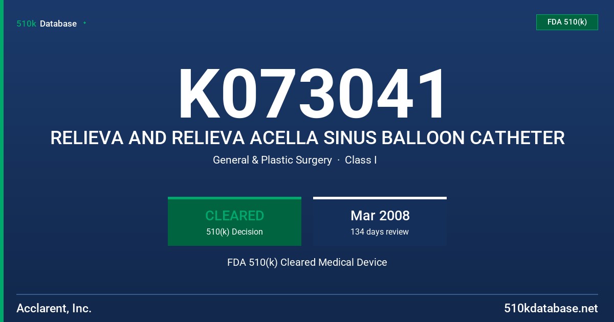 K073041 RELIEVA AND RELIEVA ACELLA SINUS BALLOON CATHETER FDA 510(k) Cleared Medical Device