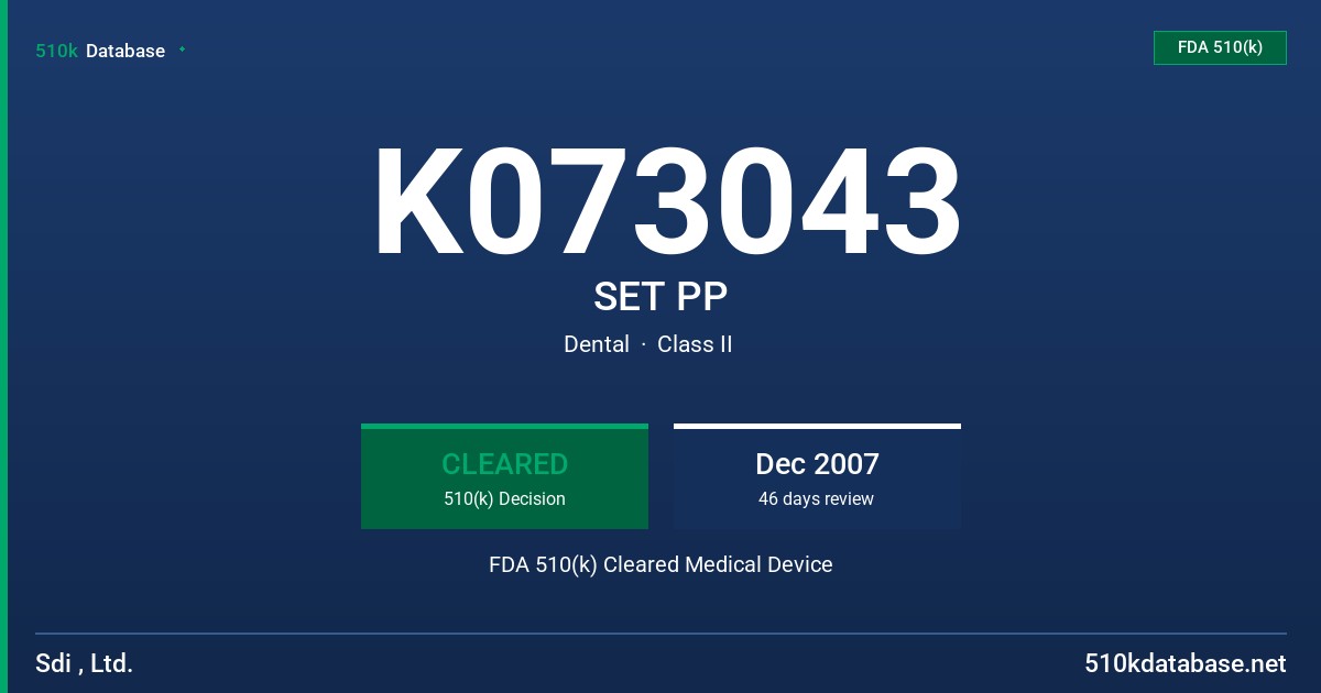 K073043 SET PP FDA 510(k) Cleared Medical Device