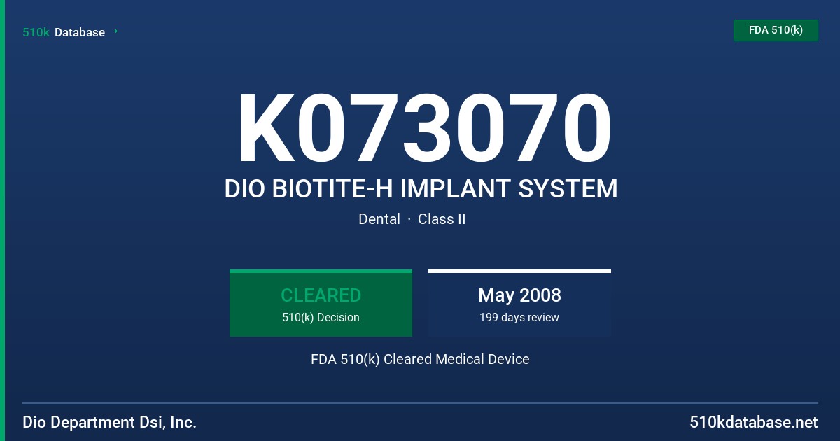 K073070 DIO BIOTITE-H IMPLANT SYSTEM FDA 510(k) Cleared Medical Device
