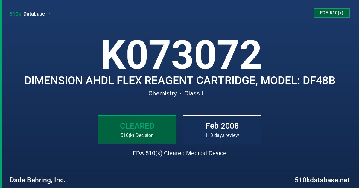 K073072 DIMENSION AHDL FLEX REAGENT CARTRIDGE, MODEL: DF48B FDA 510(k) Cleared Medical Device