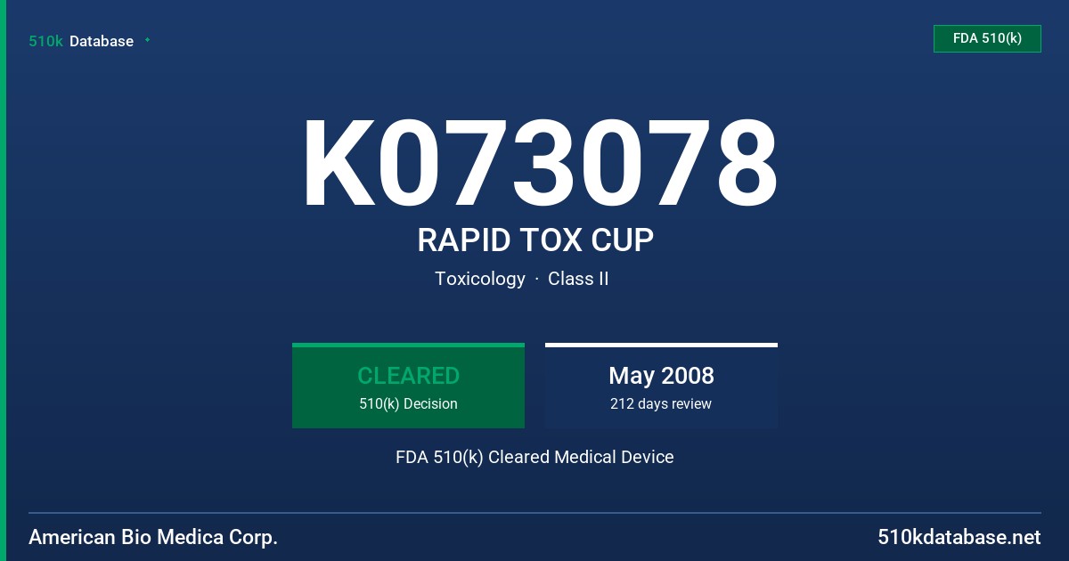 K073078 RAPID TOX CUP FDA 510(k) Cleared Medical Device