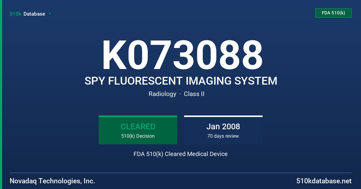 K073088 SPY FLUORESCENT IMAGING SYSTEM FDA 510(k) Cleared Medical Device