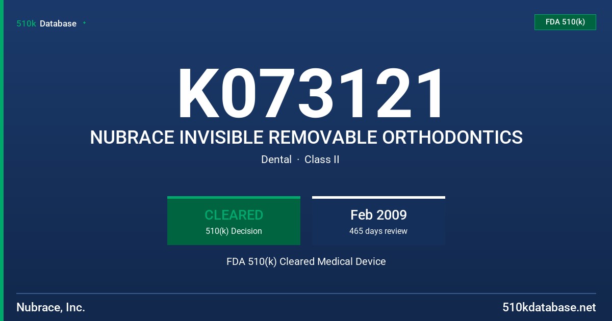 K073121 NUBRACE INVISIBLE REMOVABLE ORTHODONTICS FDA 510(k) Cleared Medical Device