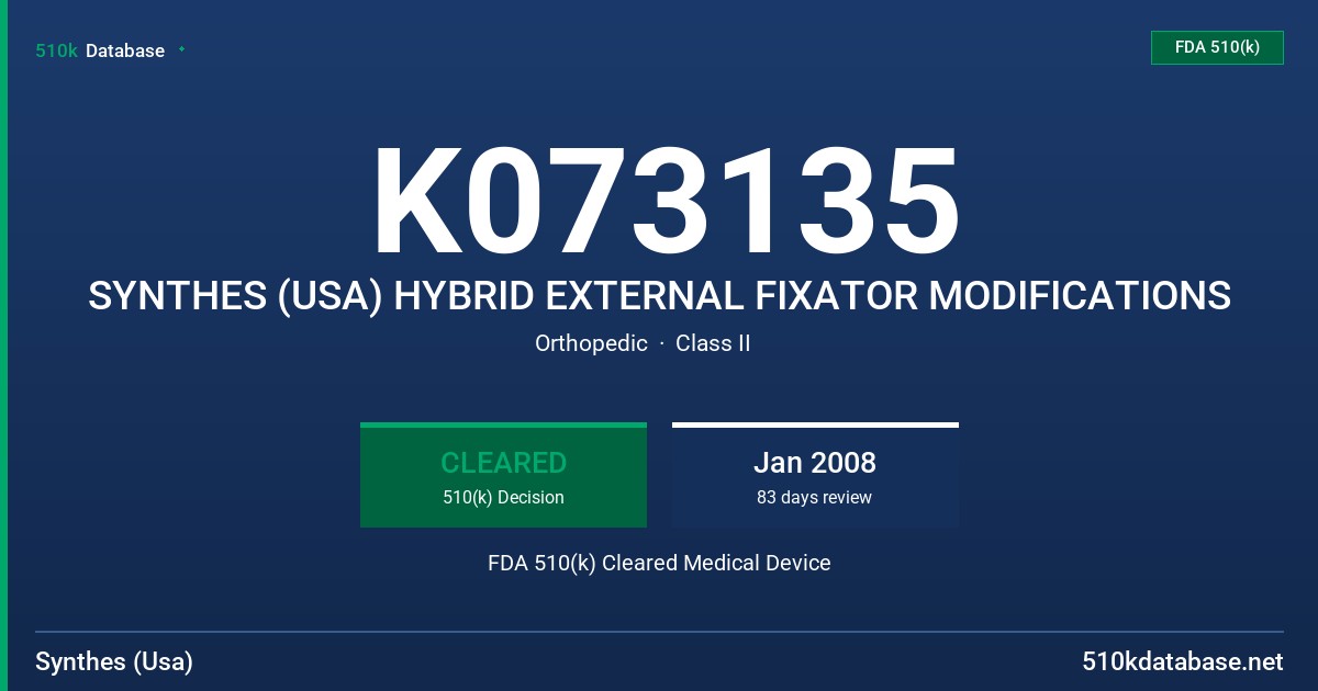 K073135 SYNTHES (USA) HYBRID EXTERNAL FIXATOR MODIFICATIONS FDA 510(k) Cleared Medical Device