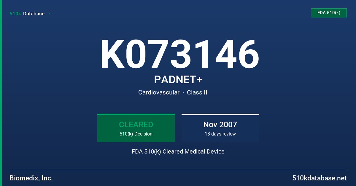 K073146 PADNET+ FDA 510(k) Cleared Medical Device